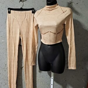#093 Blush Mark Ribbed Khaki/Tan Two-Piece Set / Corset Crop Top Legging Set